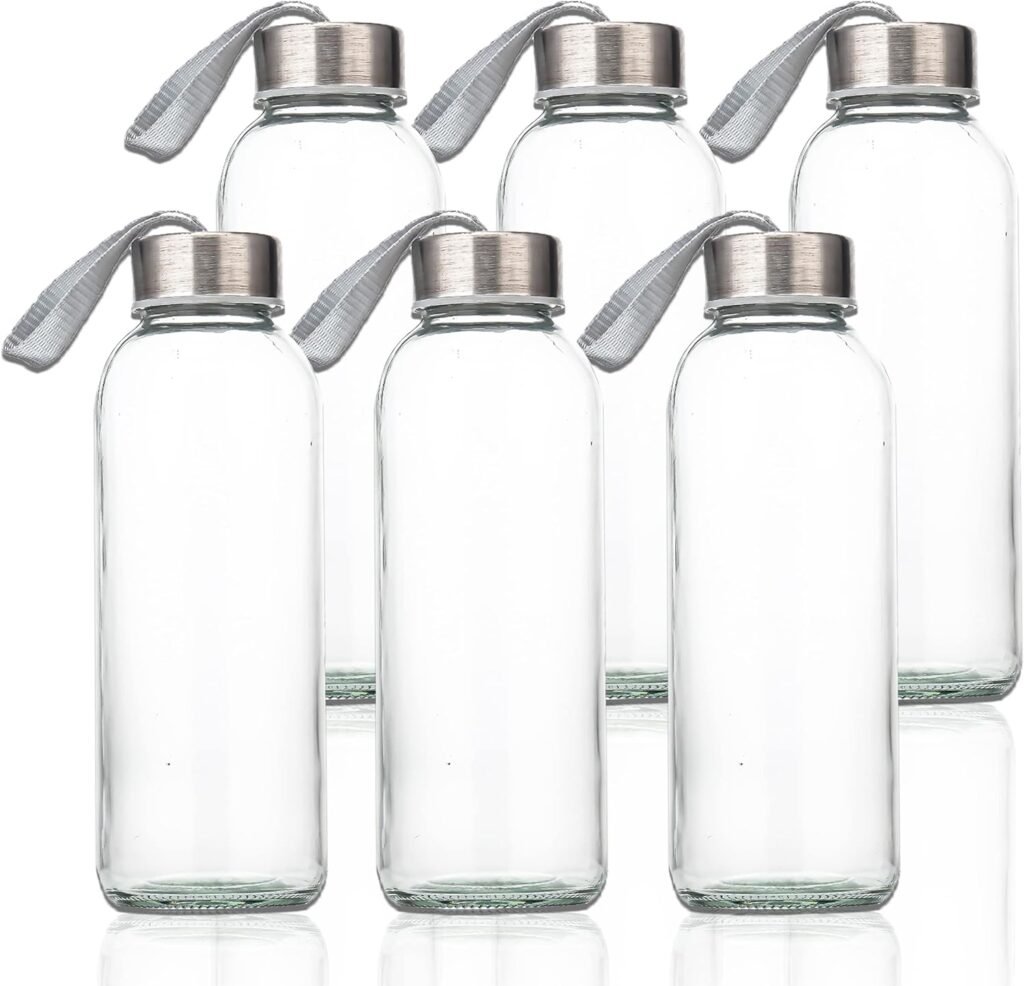 SureSave Glass Water Bottles with Stainless Steel Lids and Sleeves | 16 Oz Reusable Glass Bottles with Carrying Loop for Eco-Friendly Travel Drinks and Beverages (6 Pack)