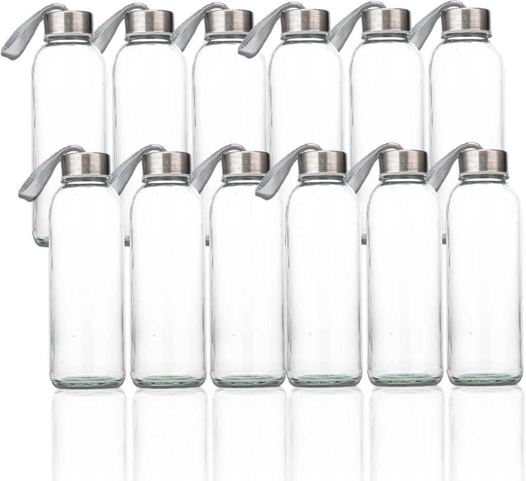 SureSave Glass Water Bottles with Stainless Steel Lids and Sleeves | 16 Oz Reusable Glass Bottles with Carrying Loop for Eco-Friendly Travel Drinks and Beverages (12 Pack)