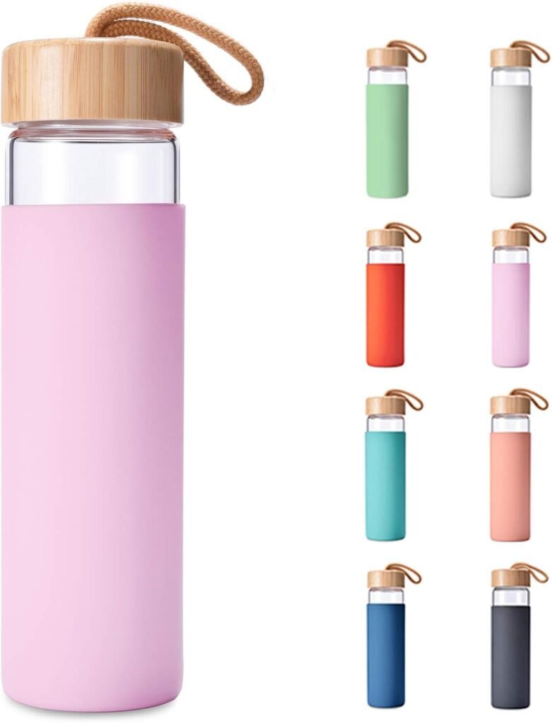 20 Oz Borosilicate Glass Water Bottle with Bamboo Lid and Silicone Sleeve – Reusable BPA Free – Glass Drinking Bottle with Lids - Cute Glass Bottle for Women - Glass Shaker Bottle