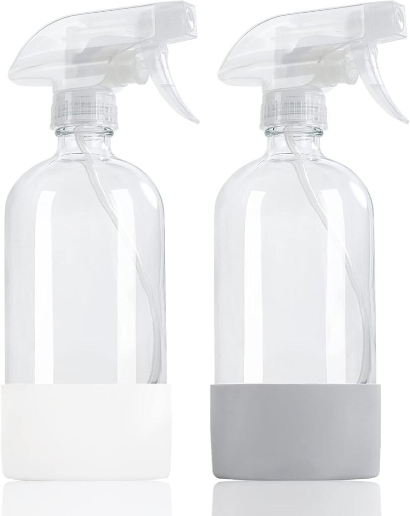 HOMBYS 16 Oz Clear Glass Spray Bottles with Silicone Sleeve,Empty Boston Bottle Spray Bottle with Adjustable Nozzle,Refillable Container for Cleaning, Essential Oils, Hair, Plants