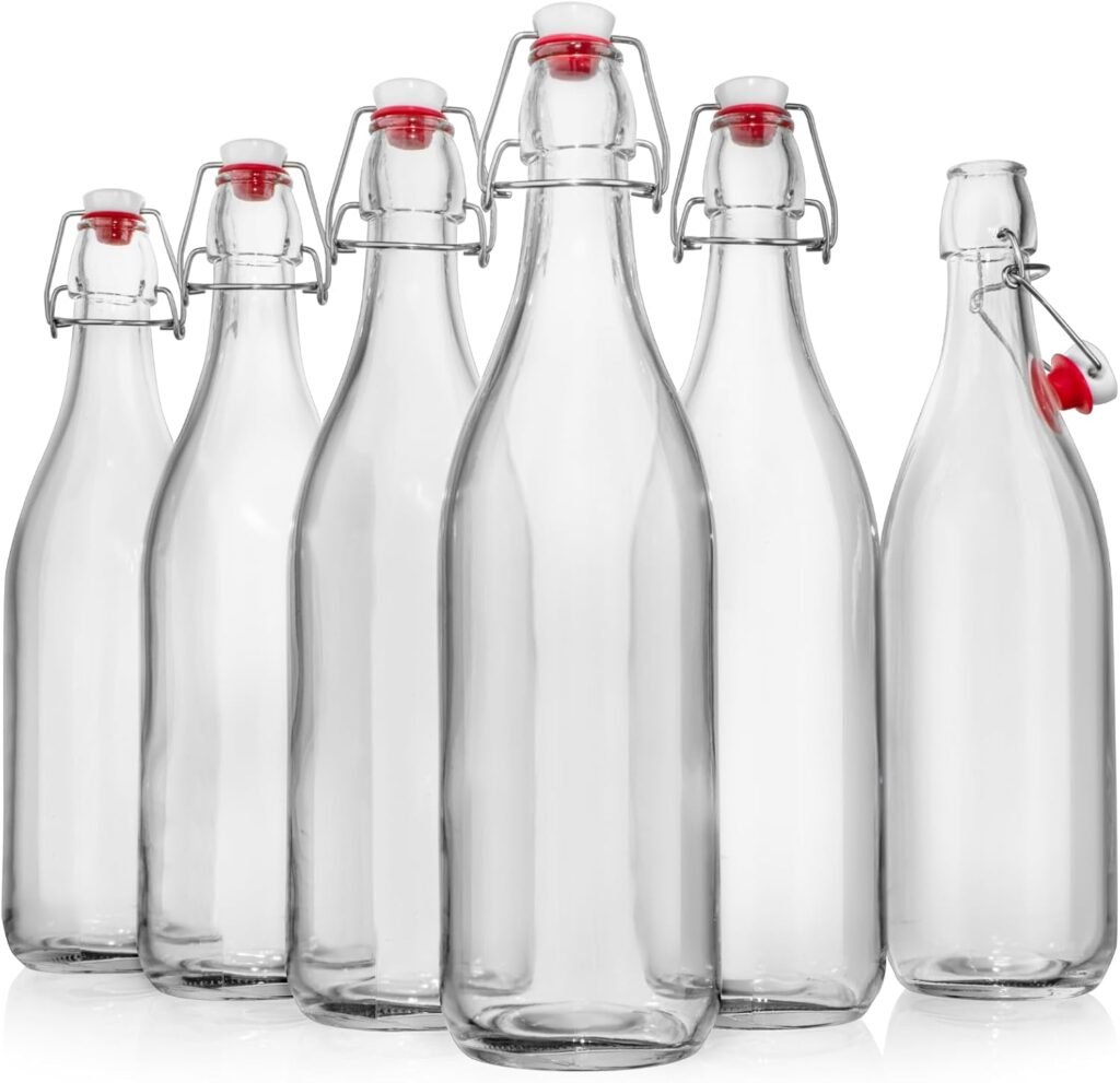 WILLDAN Giara Glass Bottle with Stopper Caps, Set of 6-33.75 Oz Swing Top Glass Bottles for Beverages, Oils, Kombucha, Kefir, Vinegar, Leak Proof Lids