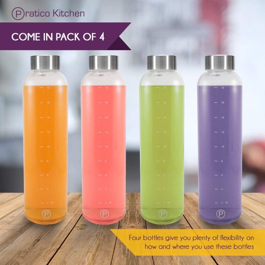 20 oz. Leak-Proof Glass Bottles, Juice Containers and Smoothie Bottles, Stainless Steel Caps, 4 Pack