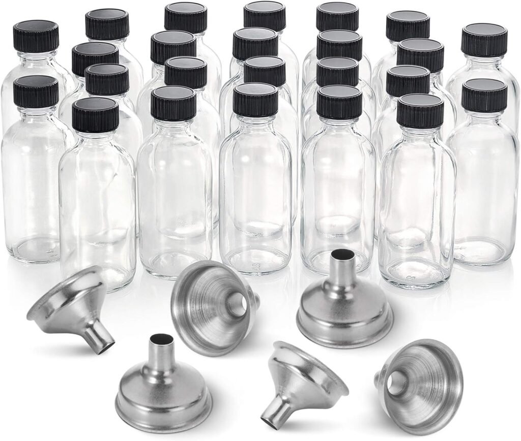 8 Pack, 2 oz Small Clear Glass Bottles w/ Lid  2 Stainless Steel Funnels - 60ml Boston Sample Bottles - Mini Travel Essential or Decorative Bottles for Potion, Juice, Wellness, Ginger Shots, Whiskey