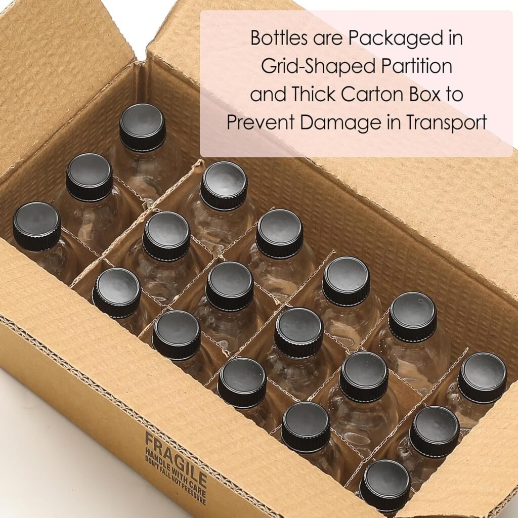 8 Pack, 2 oz Small Clear Glass Bottles w/ Lid  2 Stainless Steel Funnels - 60ml Boston Sample Bottles - Mini Travel Essential or Decorative Bottles for Potion, Juice, Wellness, Ginger Shots, Whiskey