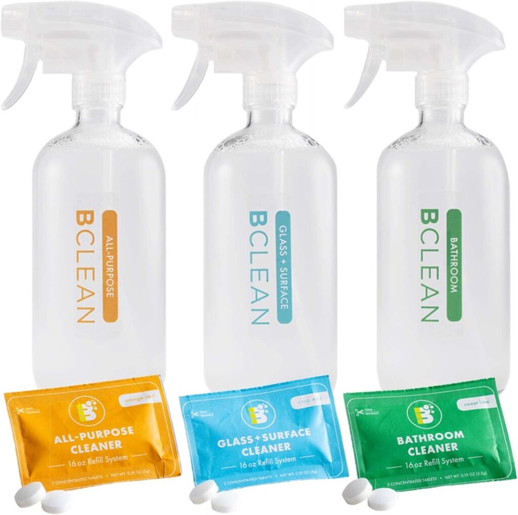 Boulder Clean Surface Cleaning Refill Kit - 16oz, Includes 3x Refill Tablet Packets (All-Purpose, Bathroom, Glass + Surface), 3x Eco-Friendly Glass Bottles, 3x Reusable Spray Triggers