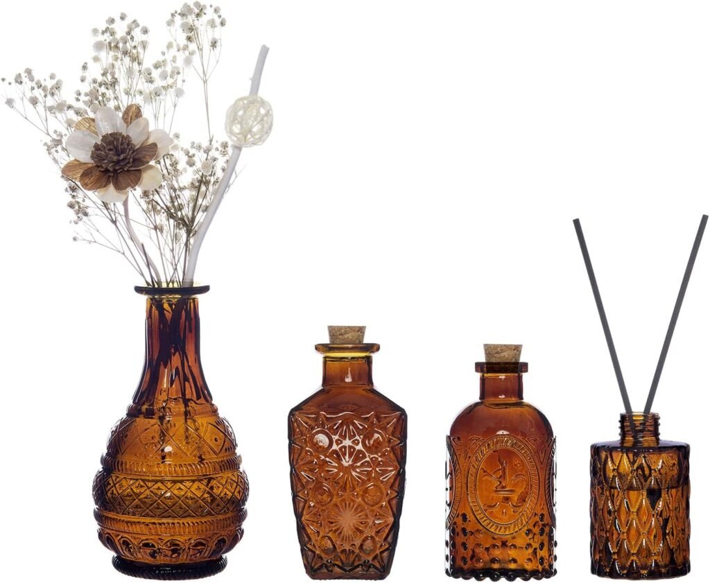 MyGift Vintage Embossed Amber Glass Decorative Reed Diffusers with Cork Lids, Small Apothecary Style Flower Bud Vases, Set of 4